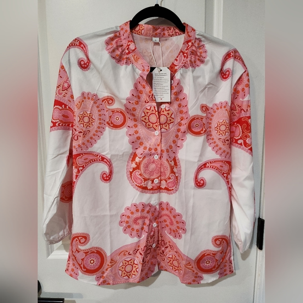 NWT Online Boutique White Pink Paisley Print Retro 70s Style size Large
